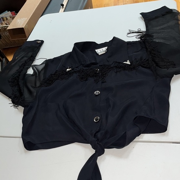 ELLA FASHION black XL vintage Fringe button down shirt with sheer sleeves - Picture 6 of 15